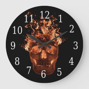Orange Flaming Skull Round Clock Große Wanduhr
