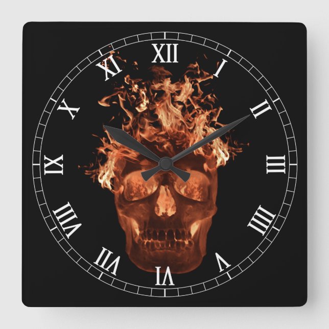 Orange Flaming Skull Square römische Zahlen Uhr (Vorderseite)