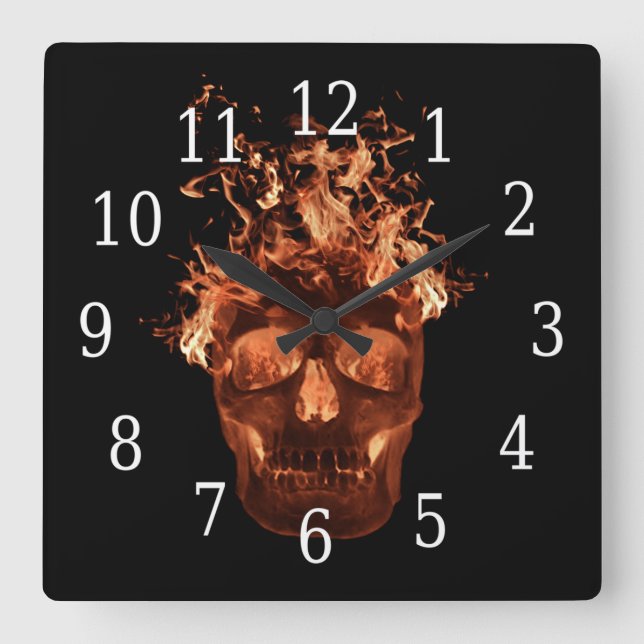 Orange Flaming Skull Square Uhr (Vorderseite)