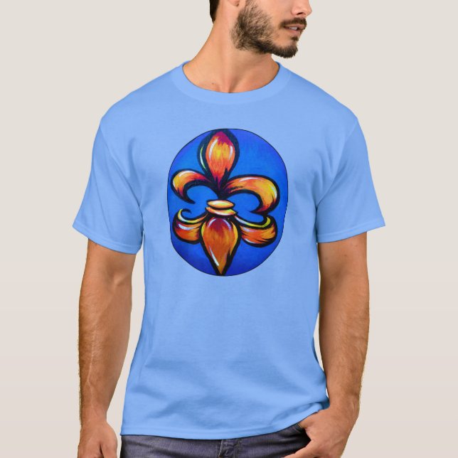 Orange Fleur de Lis auf blauem Hintergrund T-Shirt (Vorderseite)
