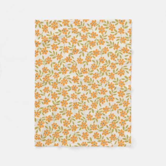 Orange Floral 70er Retro Fleecedecke (Vorderseite)