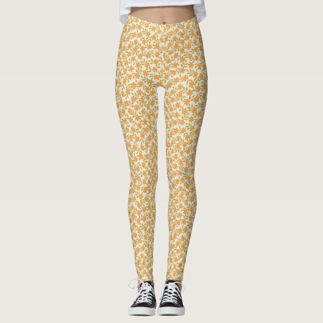 Orange Floral 70er Retro Leggings (Vorderseite)