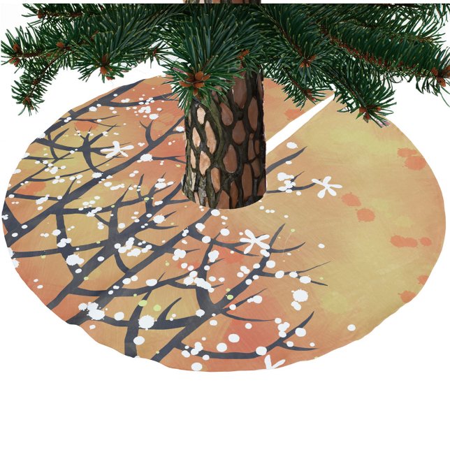 Orange Floral Abstrakt Polyester Weihnachtsbaumdecke (Burnt orange blossom and berries festive Christmas tree skirt)