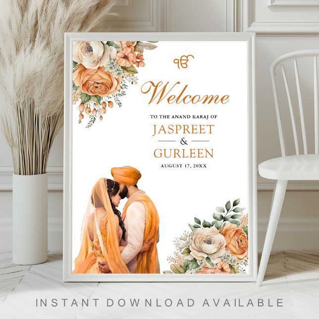 Orange Floral Anand Karaj Wedding Welcome Sign Poster (Von Creator hochgeladen)