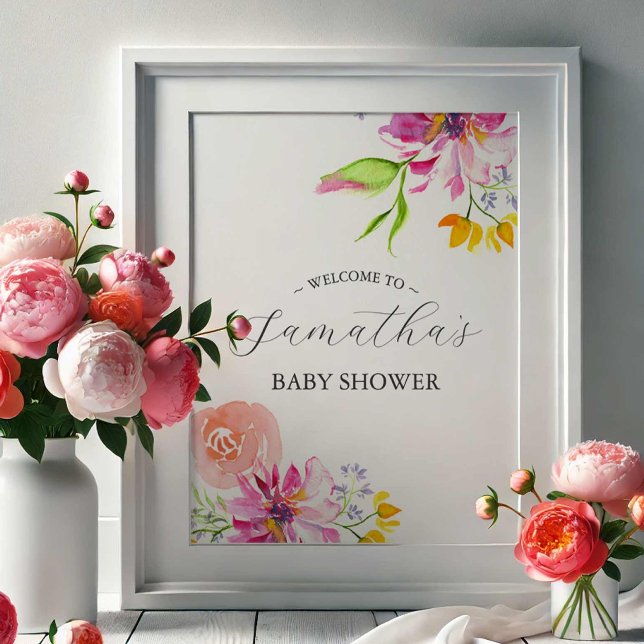 Orange Floral Baby Shooter Willkommenspender Poster (Baby in Bloom baby shower themes features welcome sign watercolor flowers in pink)
