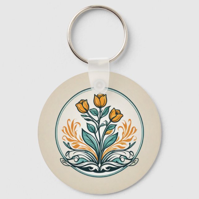 Orange Floral Button Schlüsselanhänger (Vorderseite)