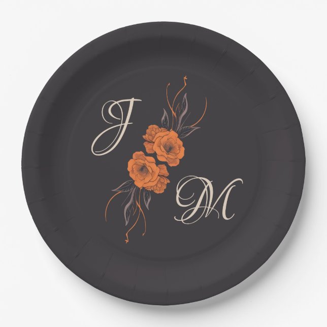 Orange Floral Elegant Minimal Monogram Wedding Pappteller (Vorderseite)