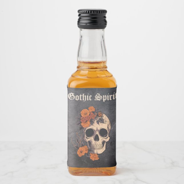 Orange Floral Elegant Skull Monogram Wedding mini Alkoholflaschenetikett (Vorderseite)