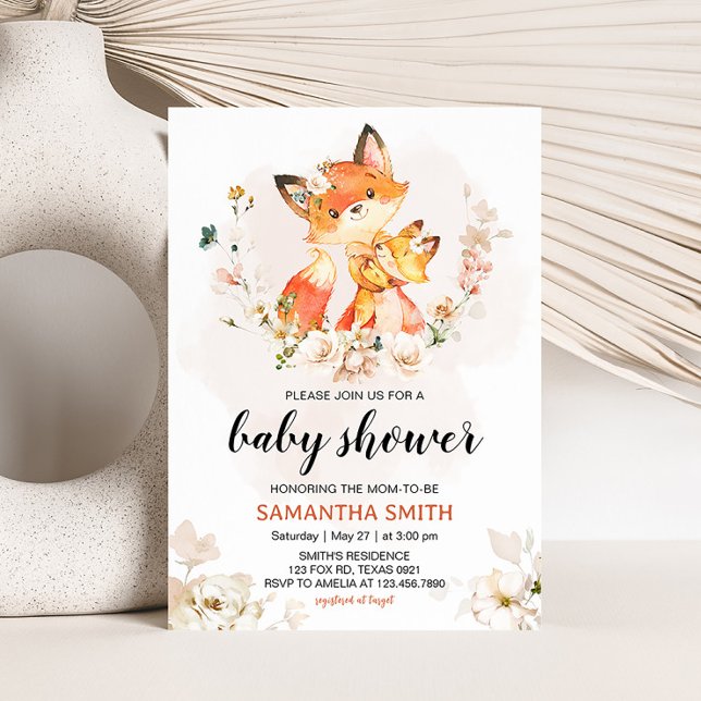Orange Floral Fox Babydusche Einladung (Fox Baby Shower Invitation)