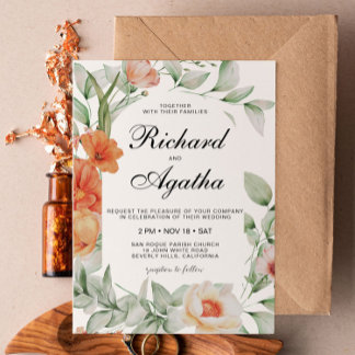 Orange Floral Frame Wedding Einladung