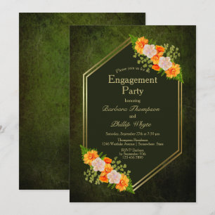 Orange Floral Gold Border Green Engagement Party Einladung