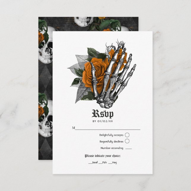 Orange Floral Gothic Wedding RSVP Karte (Vorne/Hinten)