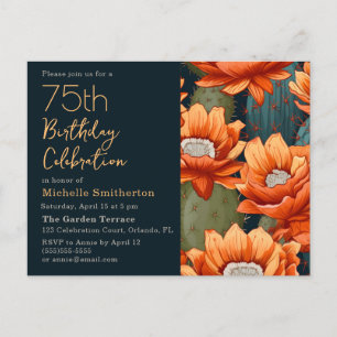 Orange Floral Green Cactus Navy 75. Geburtstag Einladungspostkarte