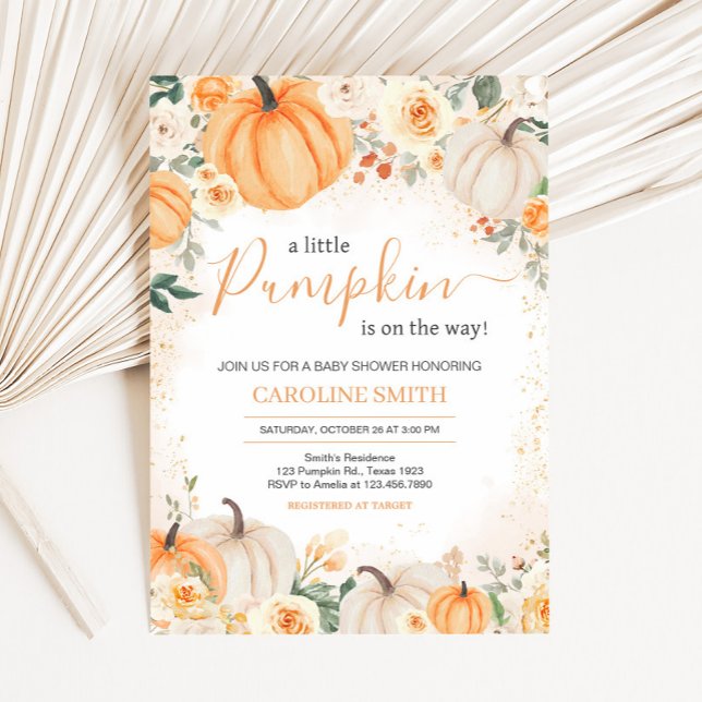 Orange Floral Greenery Little Pumpkin Baby Shower Einladung (Greenery Floral Pumpkin Invitation
)