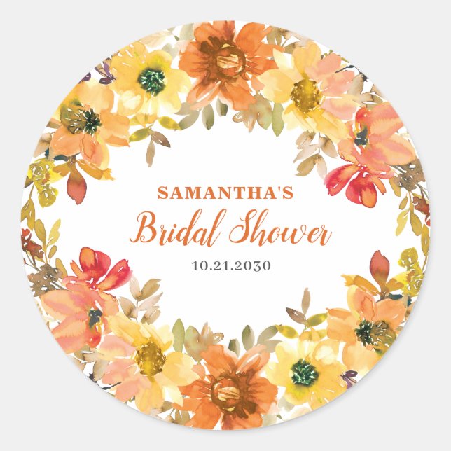 Orange Floral Herbst Brautparty Aufkleber (Vorderseite)