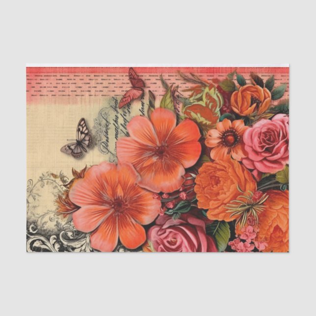 Orange Floral Junk Journal Decoupage Seidenpapier (Vorderseite)
