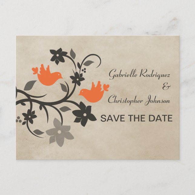 Orange Floral Lovebirds Save the Date Postkarte (Vorderseite)