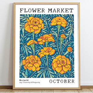 Orange Floral Marigold Oktober Birth Blume Market Poster