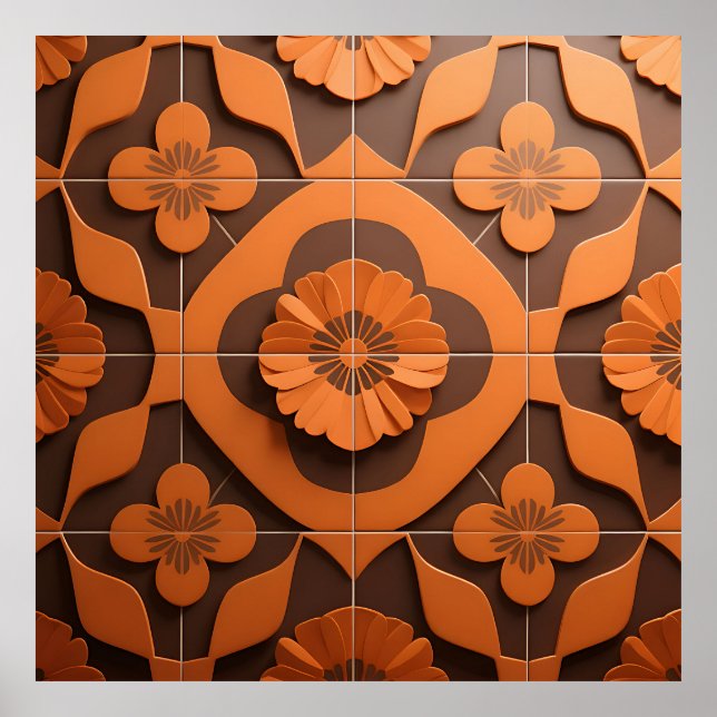 Orange Floral Medallion Geometric Tile Pattern Poster (Vorne)