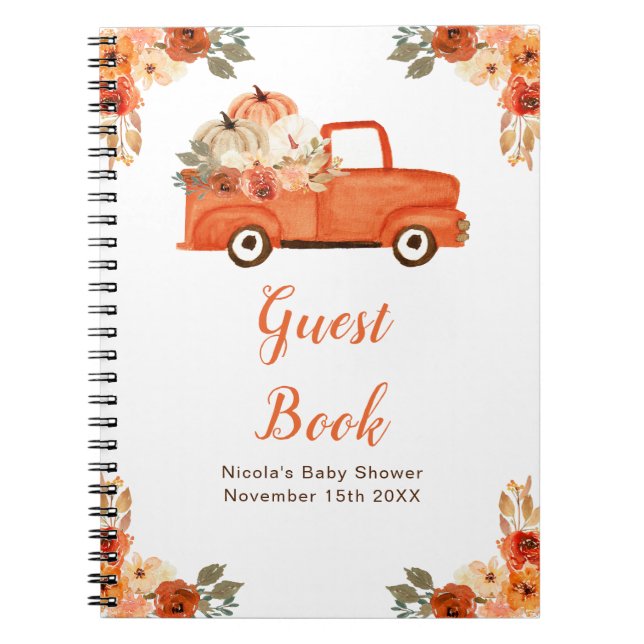 Orange Floral Pumpkin Truck Baby Shower Guest Book Notizblock (Vorderseite)