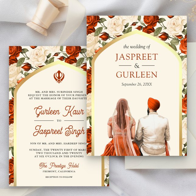 Orange Floral Punjabi Anand Karaj Sikh Wedding Einladung (Von Creator hochgeladen)