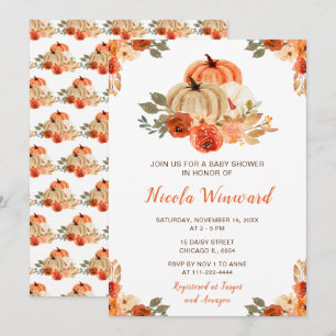 Orange Floral Rustic Pumpkins Baby Dusche Einladung