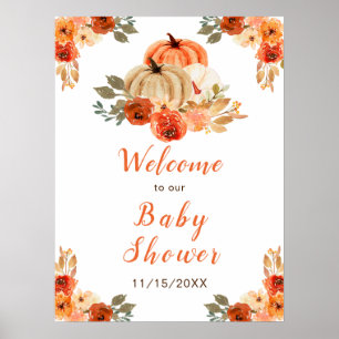 Orange Floral Rustic Pumpkins Baby Dusche Poster