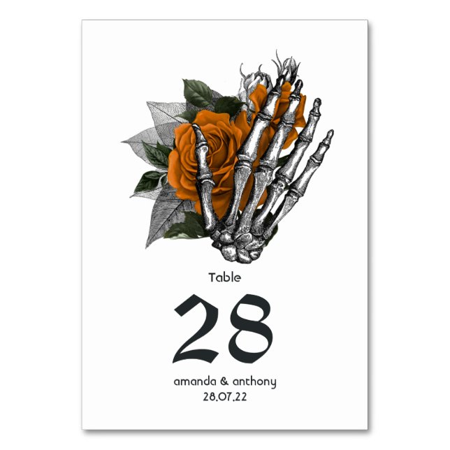 Orange Floral Skeleton Gothic Wedding Tischnummer (Vorderseite)