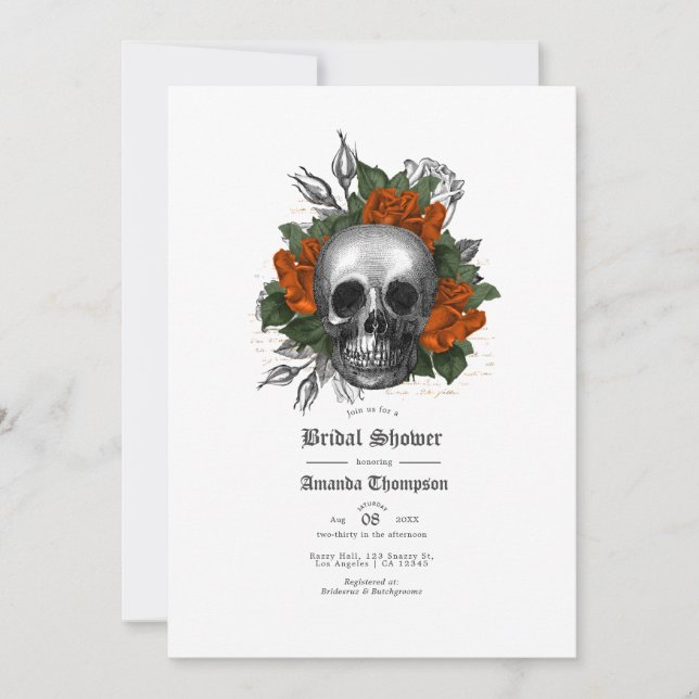 Orange Floral Skull Gothic Brautparty Einladung (Vorderseite)