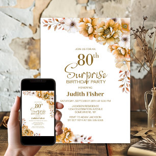 Orange Floral Überraschung 80. Geburtstagsparty Einladung