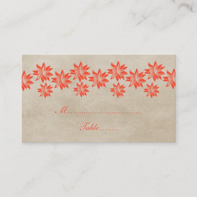 Orange Floral Vintage Wedding Platzkarte (Vorderseite)