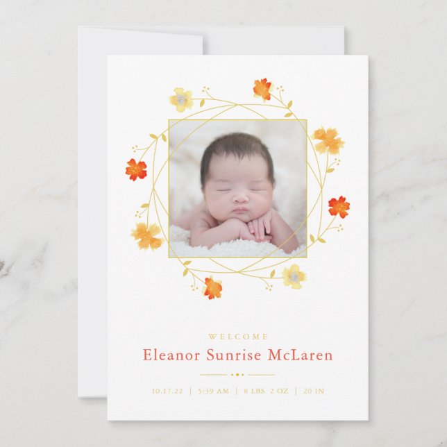 Orange Floral Watercolor Geburtsankündigung Ankündigung (Vorderseite)