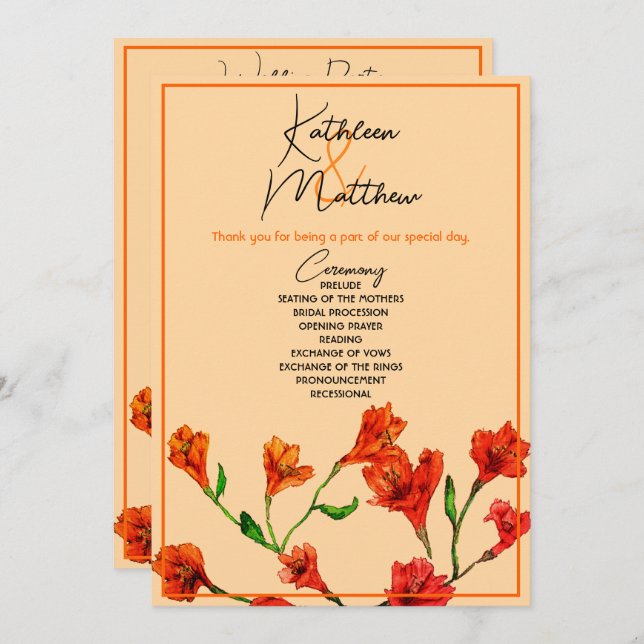 Orange Floral Watercolor Hochzeit Programm (Vorne/Hinten)
