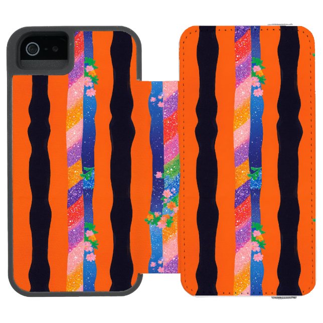 Orange Floral Wavy Stripe Pattern Incipio iPhone Geldbeutel-Hülle (Folio Geöffnet)