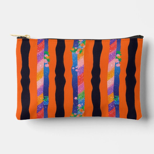Orange Floral Wavy Stripe Pattern Zubehörtasche (Vorderseite)