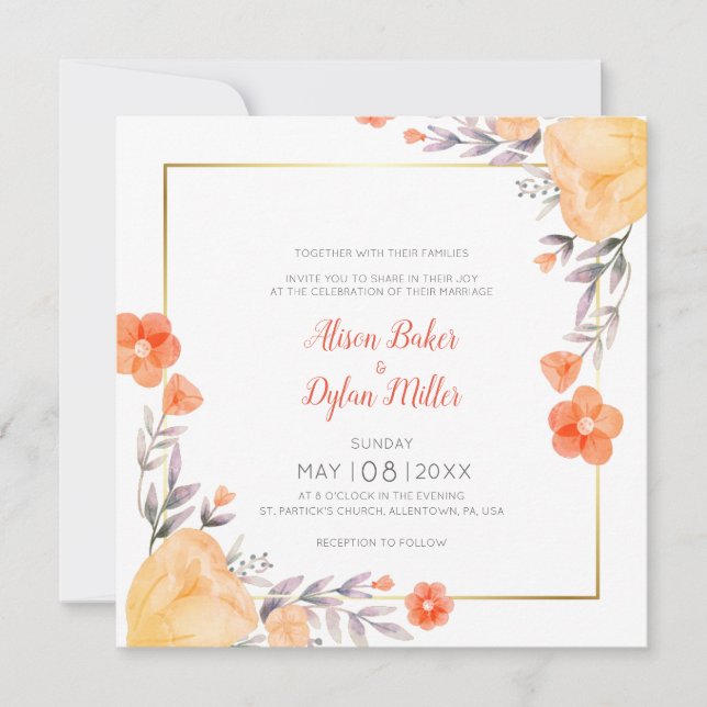 Orange Floral Wedding Card Einladung (Vorderseite)