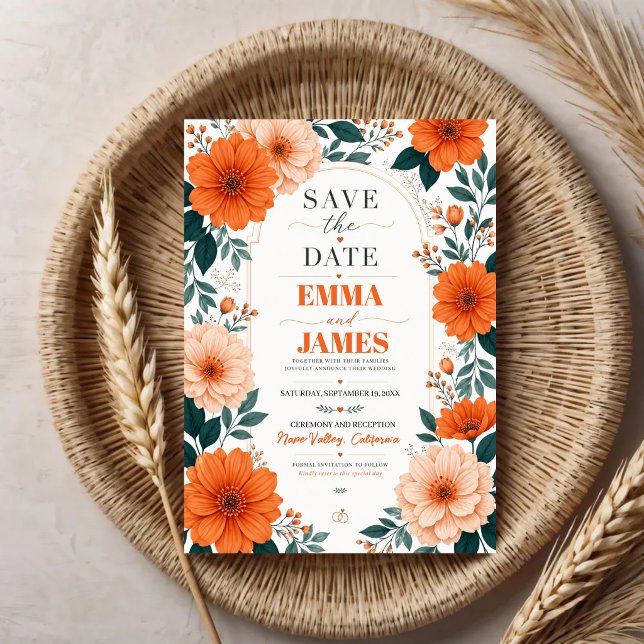 Orange Floral  Wedding Invitation Save The Date (Von Creator hochgeladen)