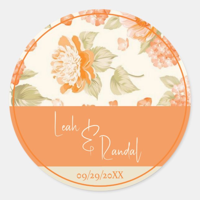 Orange Floral Wedding Runder Aufkleber (Vorderseite)