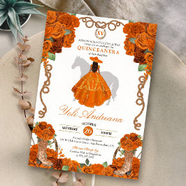 Orange Floral Western Charra Quinceanera Einladung