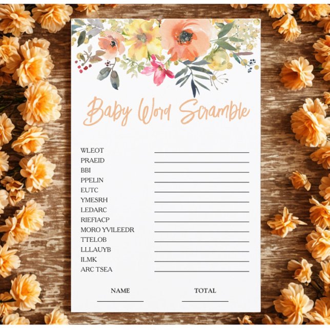Orange Floral Word Scramble Baby Showspiel (Von Creator hochgeladen)