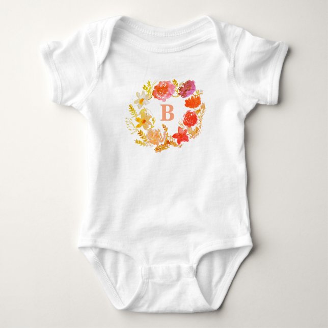Orange Floral Wreath Baby Girl Initial Monogram Strampler (Vorderseite)