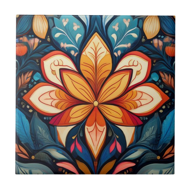 Orange Folk Blume Fliese (Vorderseite)