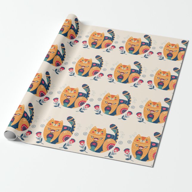 Orange Folk Cats Geschenkpapier (Ungerollt)