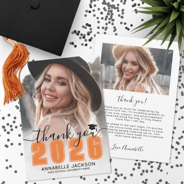 Orange Foto Abschlussfeier Dankeskarte (Orange Photo Graduation Thank You Card )