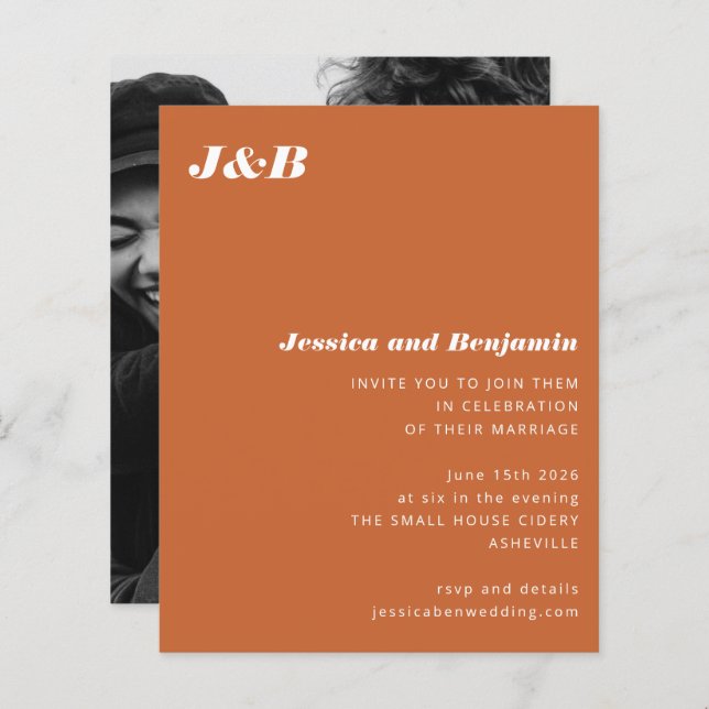 Orange Foto Hochzeitseinladung (Vorne/Hinten)