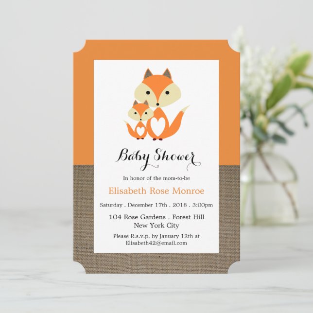 Orange Fox Burlap Baby Dusche Einladung (Stehend Vorderseite)
