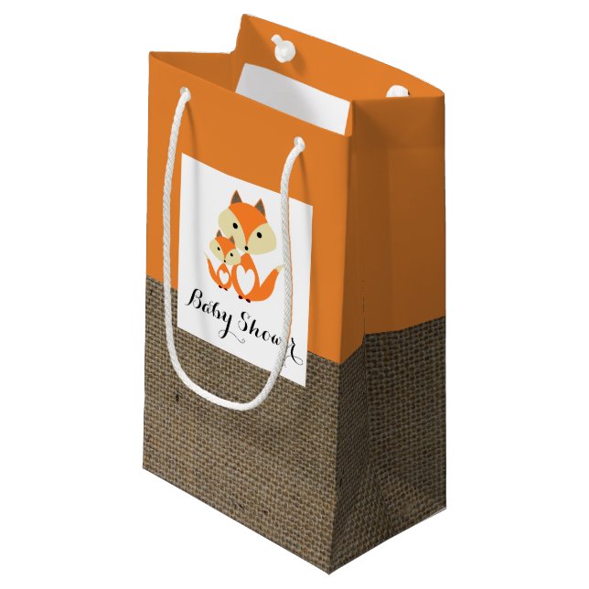 Orange Fox Burlap Baby Dusche Kleine Geschenktüte (Vorderseite Schrägansicht)