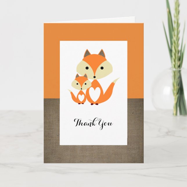 Orange Fox Burlap Baby Dusche Vielen Dank Dankeskarte (Vorderseite)