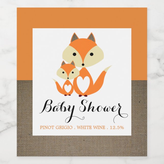 Orange Fox Burlap Baby Dusche Weinetikett (Einzelnes Label)
