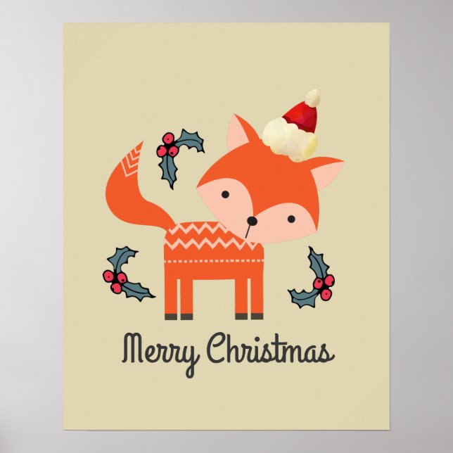 Orange Fox in Weihnachtsmannmütze Niedliche Whimsi Poster (Vorne)